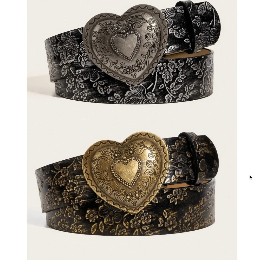 Western Floral Embossed Heart Statement Buckle Vegan Leather Wide Belt